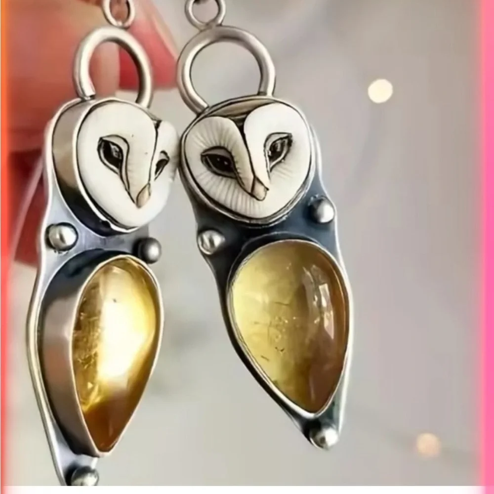 Anthropologie Boho Bohemian Whimsical Gothic Hippie Owl Dangle Silver Earrings